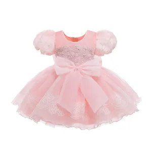 Customizable Puff Sleeve Summer Dress With Bow Lace Elegant Princess Dress for 2-14Y Girl