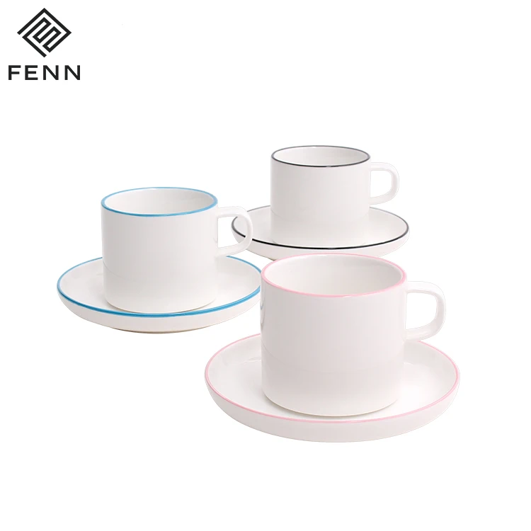 FENN Cafe Shop Design Crockery with Saucer 150ml Coffee Cup Ceramic Mug with Saucer White Porcelain for Home and Gift