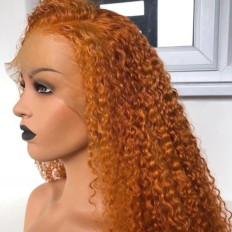 Cuticle Aligned High Density Orange Kinky Curly Raw Cambodian Human Hair Lace Frontal Wigs