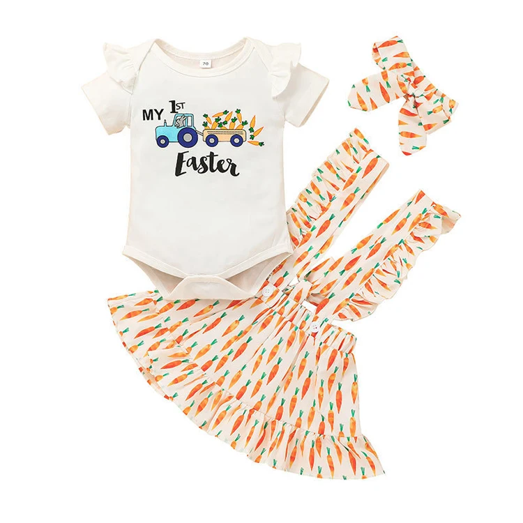 Комплект из 3-х предметов для новорожденного комплект с изображением персонажей мультфильмов «Мой наряд на первую Пасху малышей Комбинезоны рисунками Банни платье Кролик боди повязка