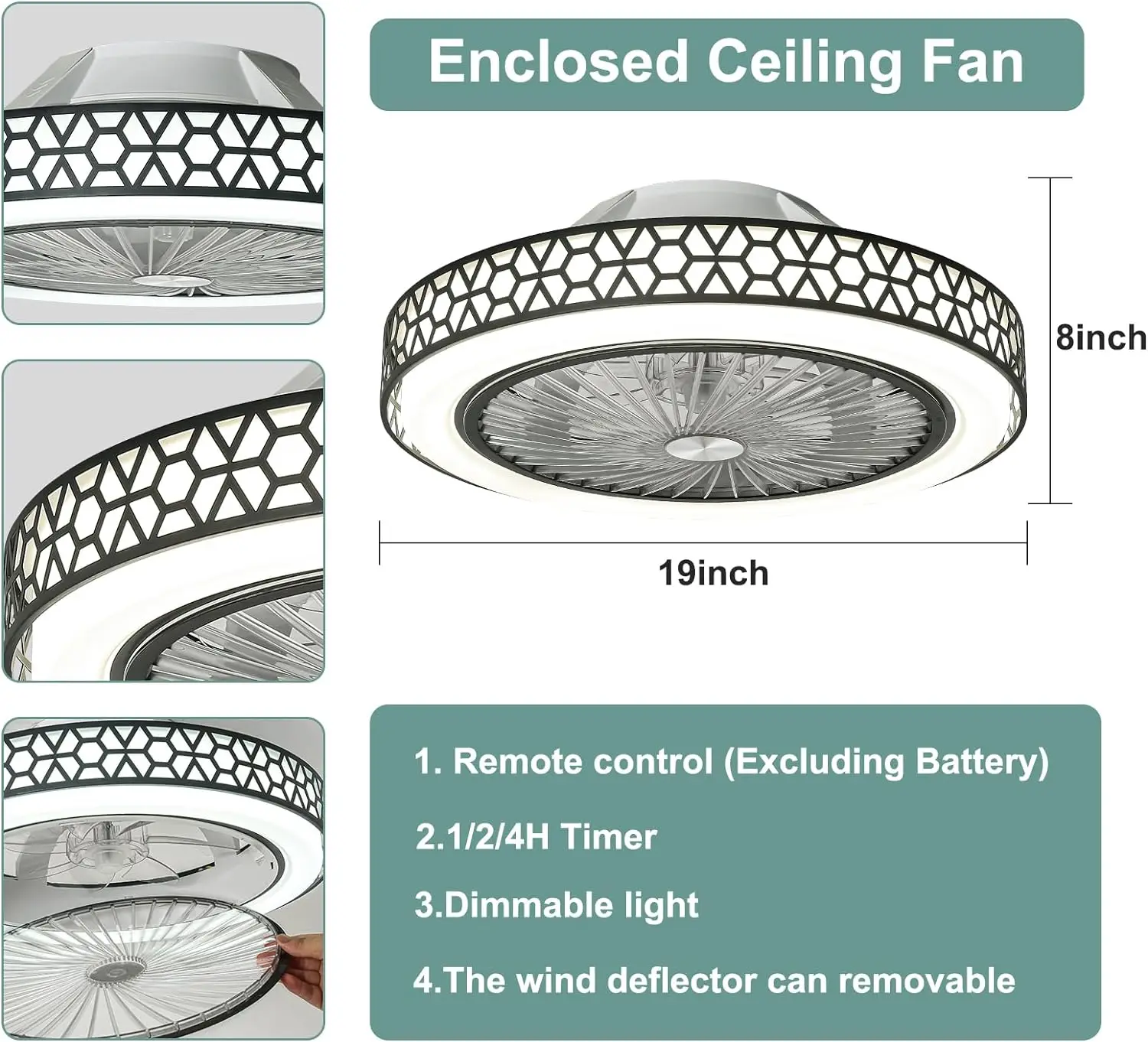 art light Modern 19" Enclosed Remote Control Ceiling Fan With Lamp Ceiling Fan With LED Light for Bedroom 1