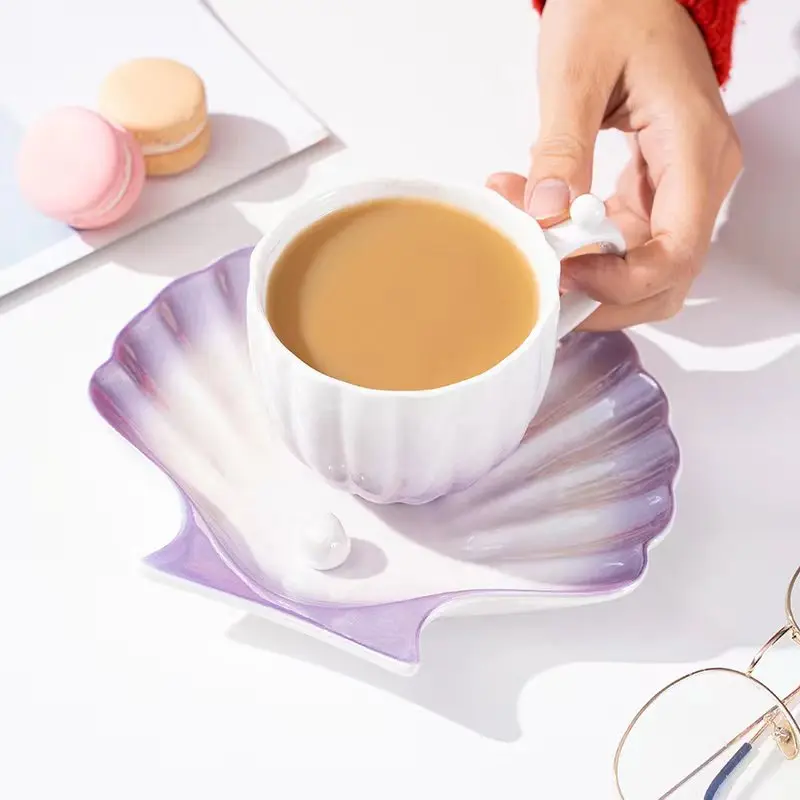 FENN Elegant Afternoon Tea Set Unique Pearl Shell Design Cup Saucer Ceramic Cup Set Colorful Glazed Porcelain Cup and Saucer