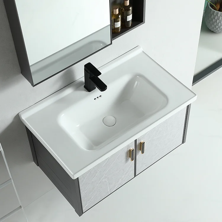 Modern hotel bathroom furniture aluminum cabinet single sink floating wall mounted mirror hanging bathroom vanity manufacture