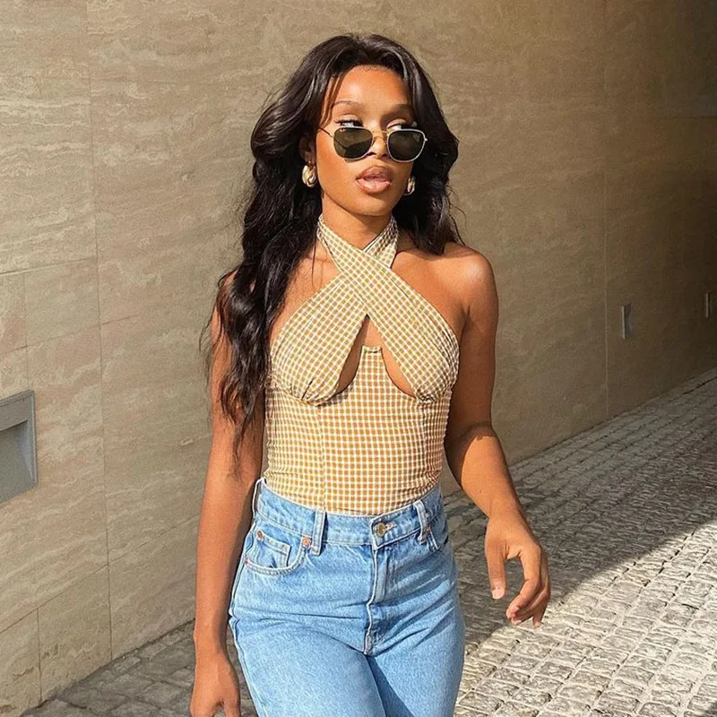 Halter Plaid Crop Top Y2k Tank Top For Women 2021 Summer Sleeveless Girls'  Sexy Chic Shirts Short Wholesale Pretty Clothing - Buy Halter Plaid Crop Top,Y2k  Tank Top For Women 2021,Summer Sleeveless