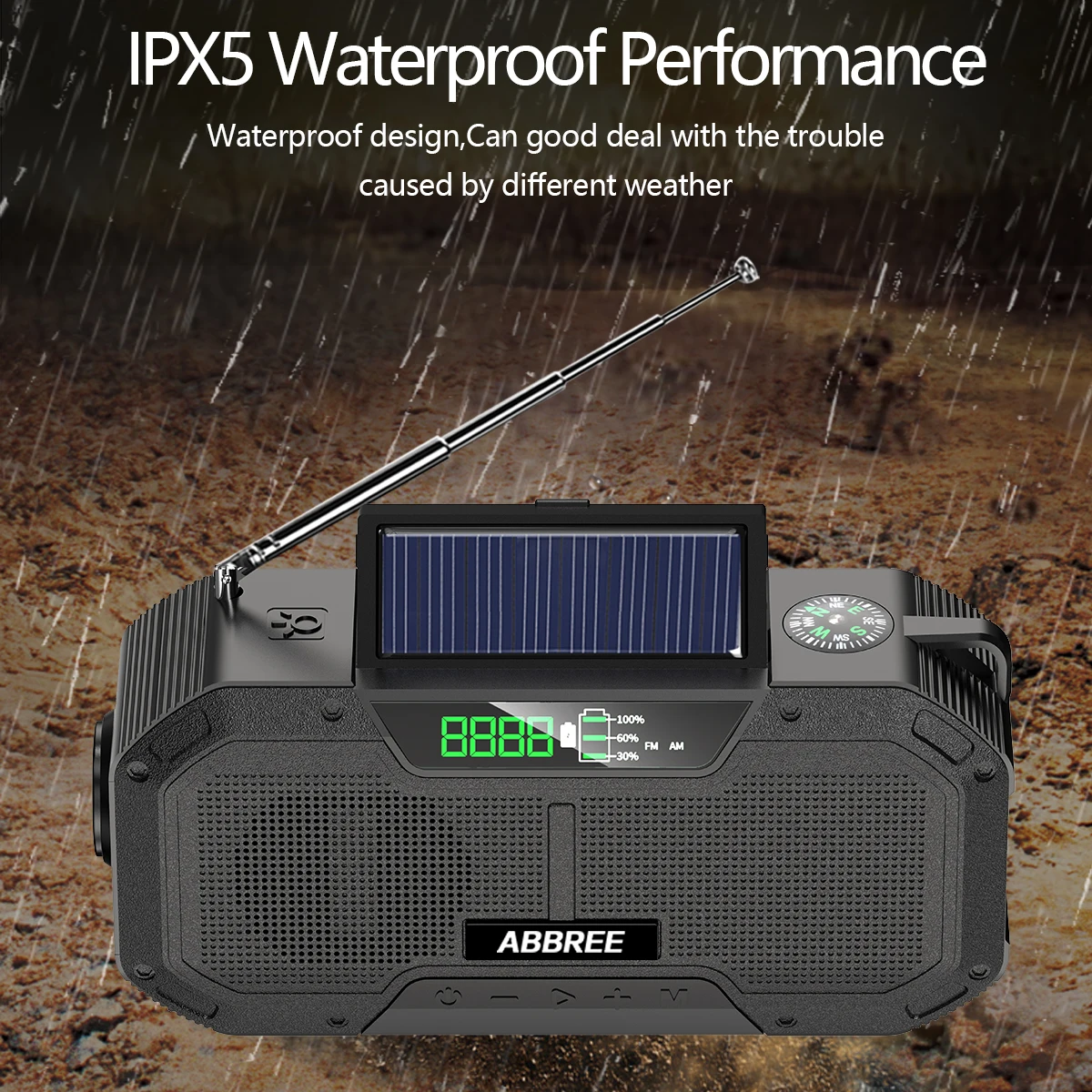 ABBREE IPX5 Водонепроницаемый Многофункциональный Аварийный радиоприемник с автоматическим сканированием AM/FM/NOAA Погодный радиоприемник с USB-зарядкой сотового телефона SOS