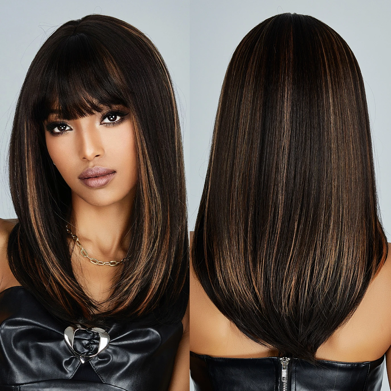 Black Brown Mixed Full Wig HAIRCUBE Black Brown Mixed Blonde Highlight Synthetic Wigs  main image 2