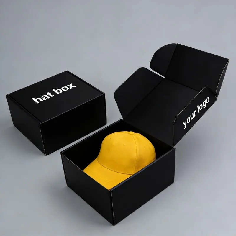 Svart tryckt matt vågformad förpackningslåda för hattar, postlåda i kartong för frakt av baseballmössor, kläder, strumpor och klädartiklar