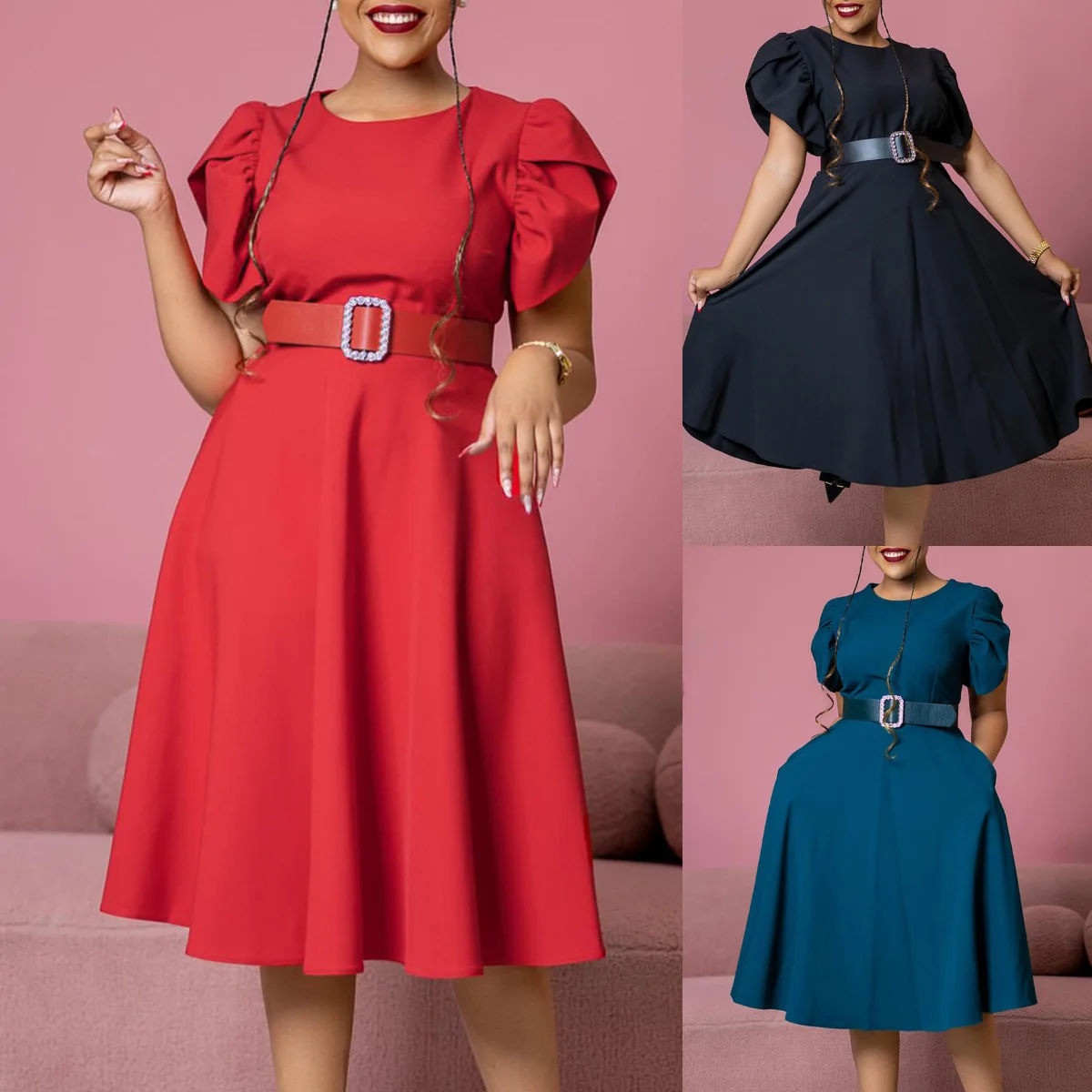 Trendy Summer Womens Office Dresses O-Neck Short Sleeve Elegant