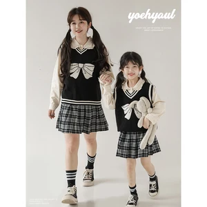 Big Children Shirt Long Sleeve Spring and Autumn Lace Lapel Large Size Vest Retro Skirt Autumn Campus Parent-Child Wear