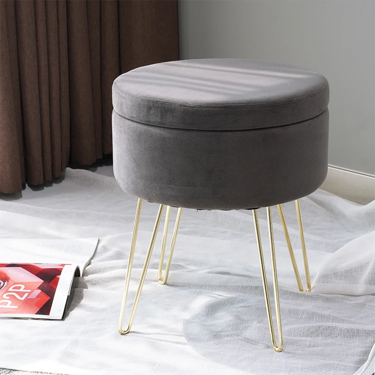 Luxury Lounge Stainless Steel Gold Frame Round Pouf Velvet Ottoman Stool
