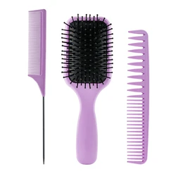 Purple New Special Rat Tail Comb Comfortable Styling Straightening Smoothing Paddle Cushion Hair Brush Wide Teeth Comb set