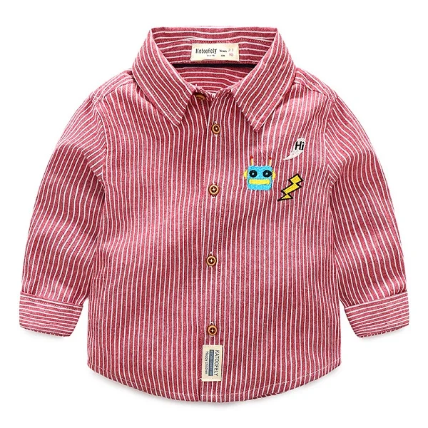 New Premium Embroidered Robot Striped Cotton Long-sleeved Butterfly Shirt for Boys Bloemen