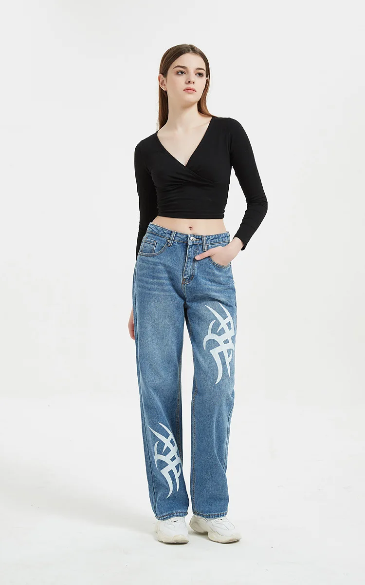 Custom Denim Straight Leg Pants Printed Fabric Denim Jeans Femmes Women's Pants Women Jeans