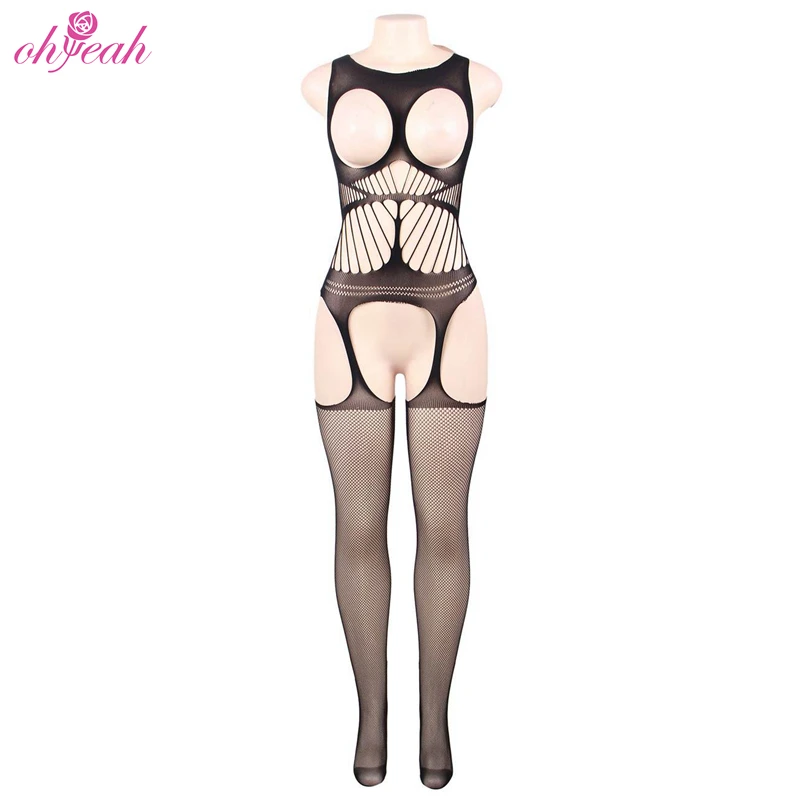 Fast Delivery Netted Design Crotchless Black Fishnet Bodystocking Wholesale Strappy Hollow Out Garter Sexy Lingerie for Women