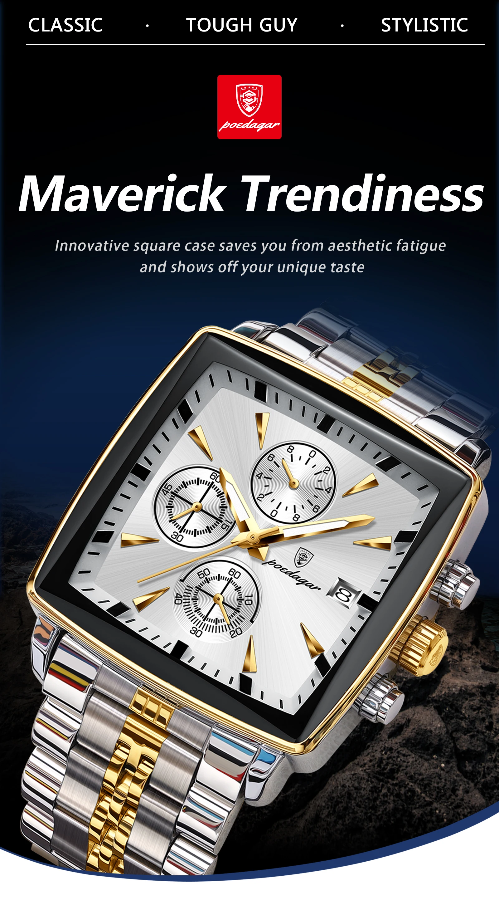 POEDAGAR 866 Sport Man Wristwatch Waterproof Luminous Luxury Square Chronograph Quartz Men's Watches Stainless Steel Men Watch