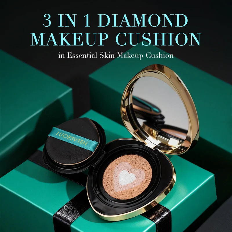 Private Label Green Diamond Shape Three Colors Brighten Concealing Correct Skin Tone 3 in 1 Foundation air Cushion with Gift Box