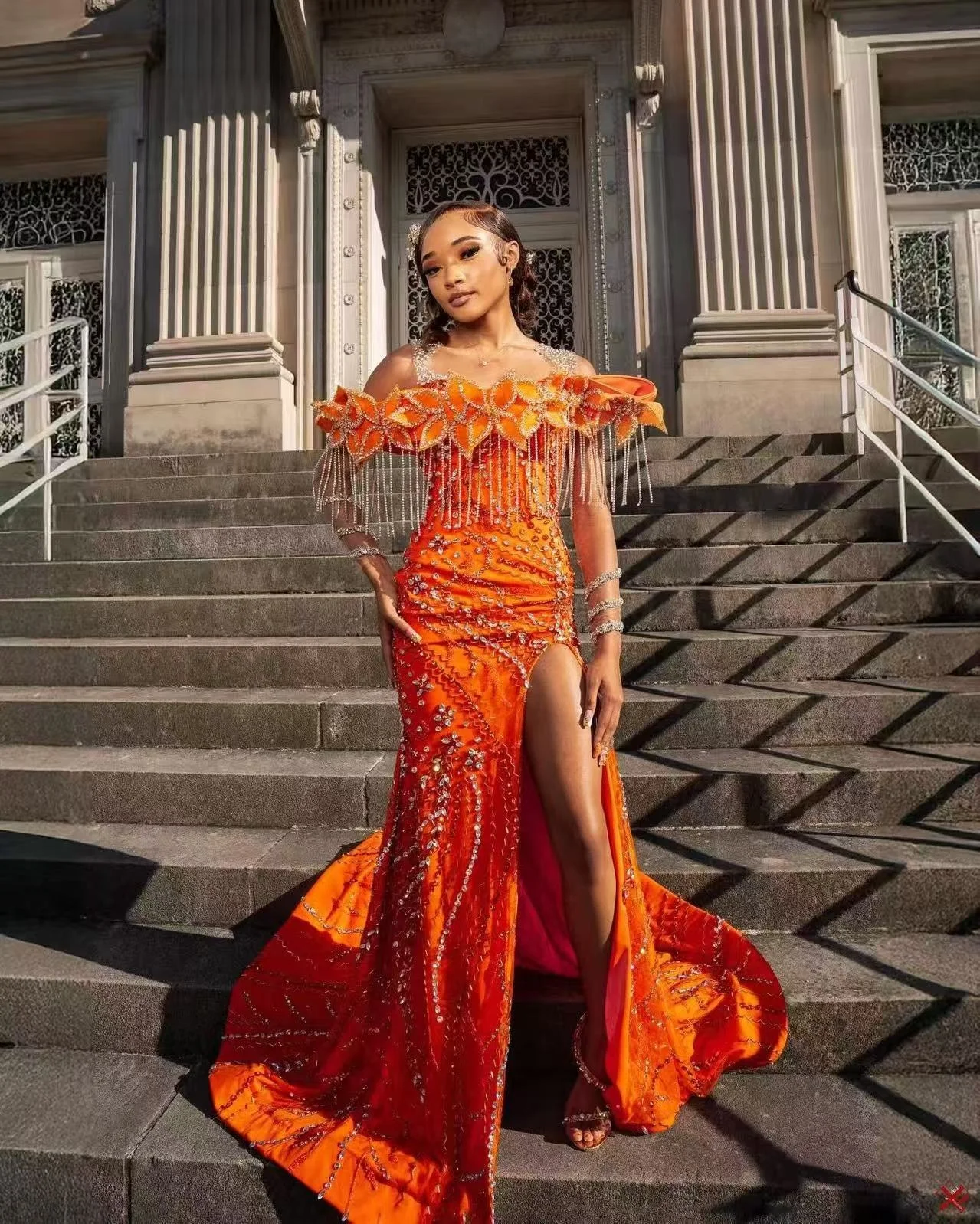 gold reception dresses for brides nigeria Beaded Ruffles Sequins Nigerian Bridal Gown Wedding Party Attire Elegant Orange Mermaid Prom Dress The dress is customizable