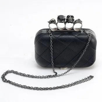 2022 Leeffon New Quilted Knuckle Skull Ring Quilted Purse Box Clutch Bags PU Leather For Lady Girls