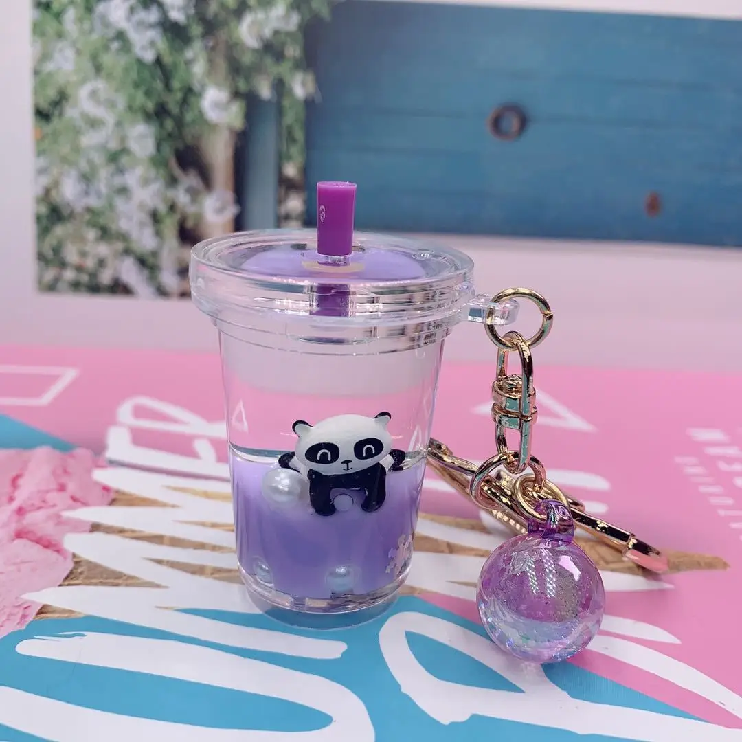 INS Girl Into Panda Floating Quicksand Liquid Milk Tea Cup Keychain Keyring Bag Pendant
