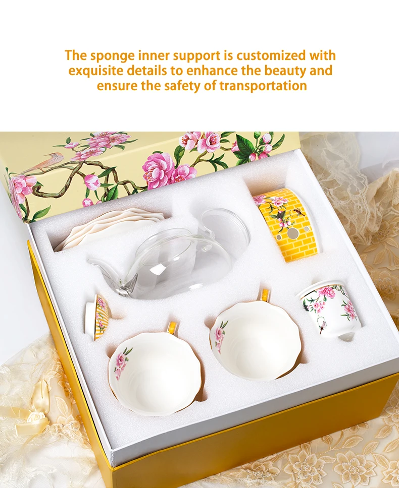 Exquisite floral design Classical ceramic porcelain tea set coffee tea cup and saucer with tea pot drinkware Gift box details