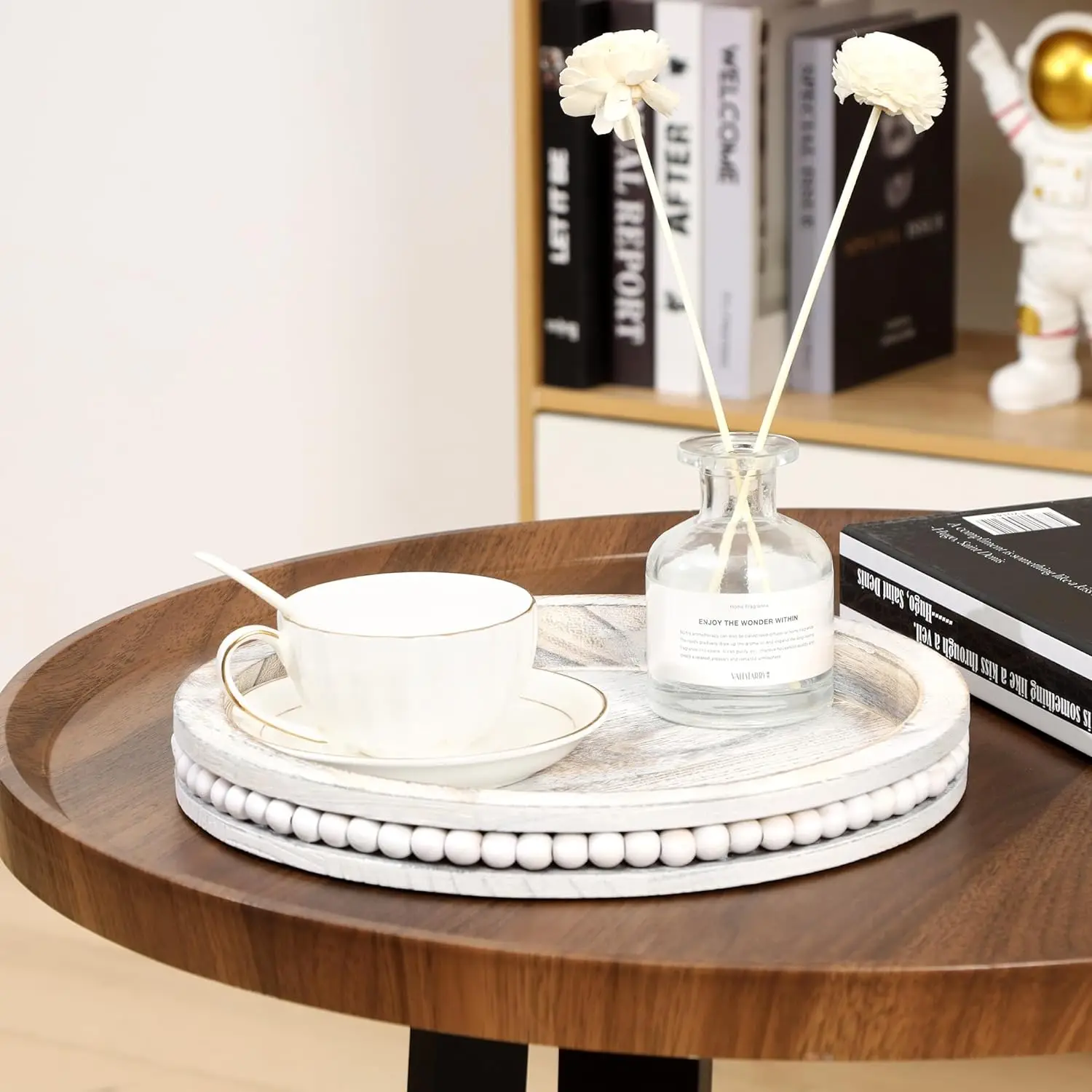 Plateau Rond Décoratif En Bois 30 Cm - Style Boho Ferme Blanc Perles, Idéal Pour Table Basse, Cuisine, Salon Ou Déco Shabby Chic