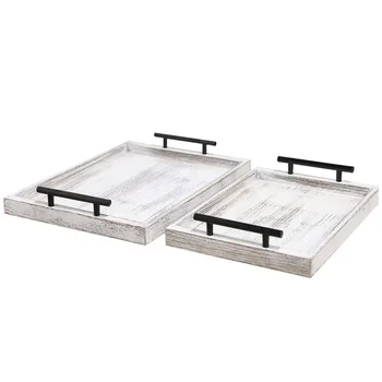 decorative custom wooden serving tray paulownia wood wash white color restaurant hotel coffee store  tray with metal handles