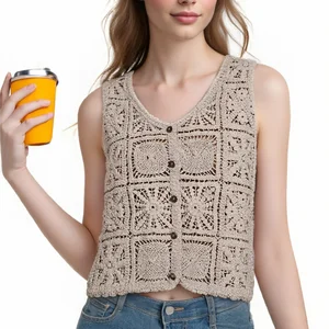 Early Autumn Summer Casual Short Crochet Cotton Computer Knitted Anti-Pilling V-neck Simple Vest Layered Short Floral Women