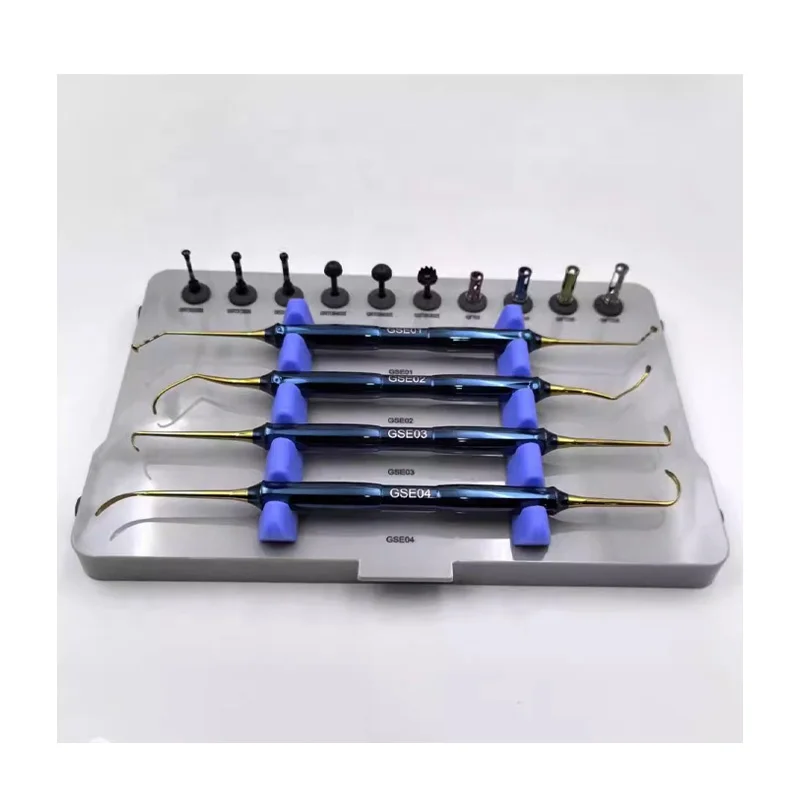 Kitus Dentalis Dask, Kitus pro Implantis Dentalibus et Elevatione Sinuum, Instrumentorum Dentalium Collectio, Apparatus Dentalis, Manu Operatus, Sine Fonte Potestatis Electrica, Ex Aere Ferro Factus