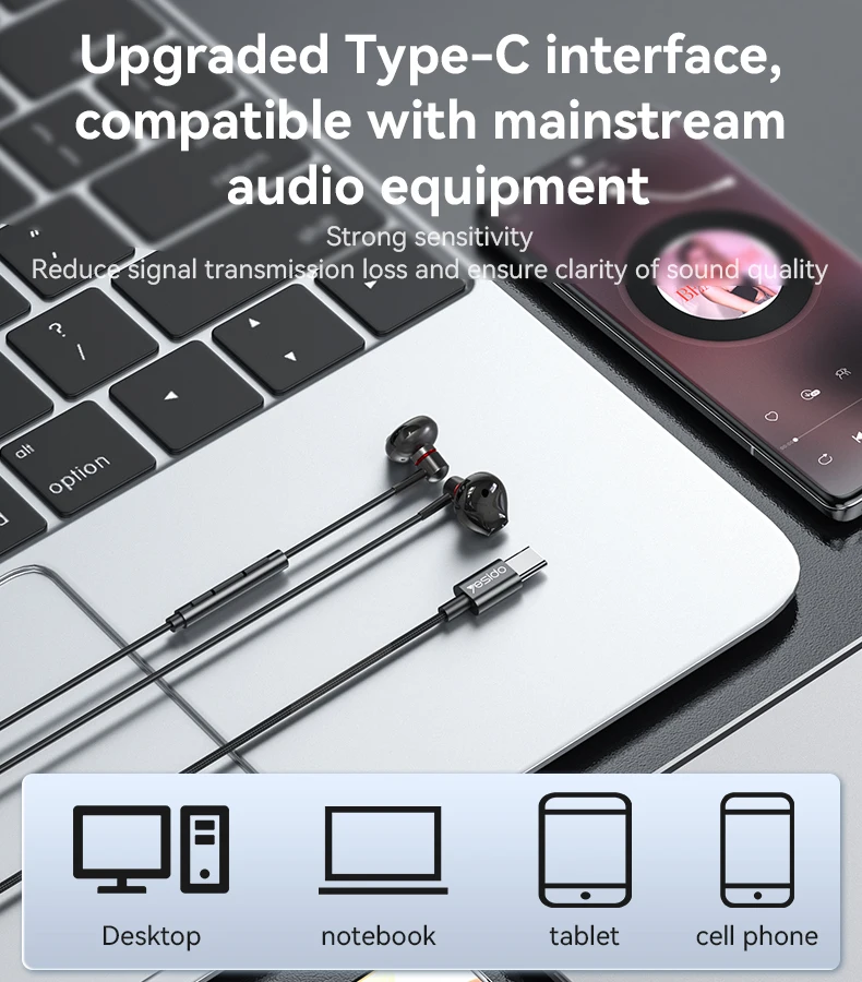 YH49 Yesido Aluminum Alloy In-ear Earphone With Remote Control Type-C Interface Wired Headphones