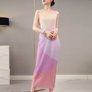 2025 Miyake High Quality Women's Casual Straight Knee-Length Dress Pleated Elastic with Printed Design Fabric Weave