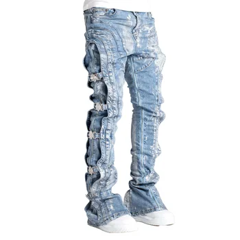 Men's Mid Waist Straight Leg Denim Trousers European American Street Fashion Style Casual Summer Harem Pants Washed 3D Solid