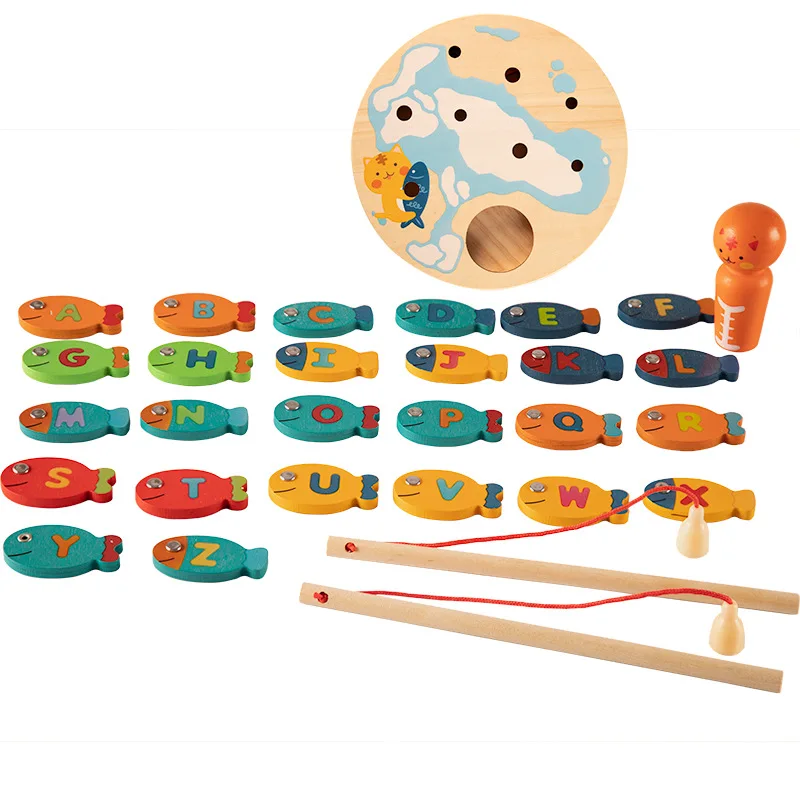 Magnetic Wooden Fishing Game Toy for Toddlers, Alphabet Fish