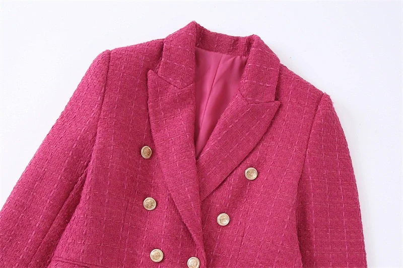 High Quality Elegant Style Solid Color Double Breasted Long Sleeve Notched Collar Casual Tweed Ladies Blazers for Women