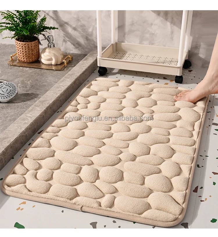 3D printed High frequency Non slip stereoscopic Cobblestone coral fleece Sandwich hot melt adhesive bottom bathroom door mat supplier