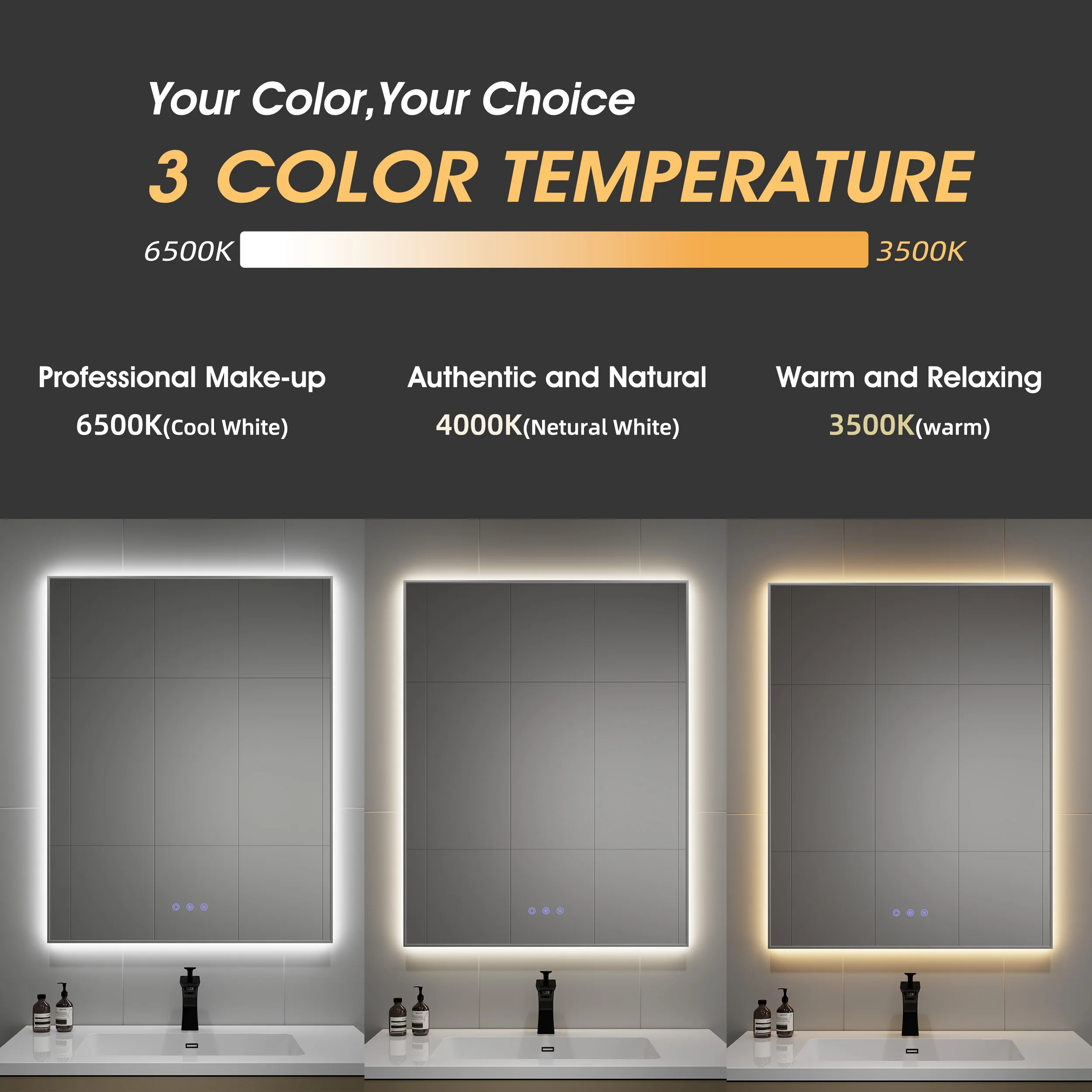 Custom 3 Lighting Colors Modern Anti Fog Smart With Touch Screen Framed 3500k/4000k/6500k Adjustable Bathroom Mirror With Light