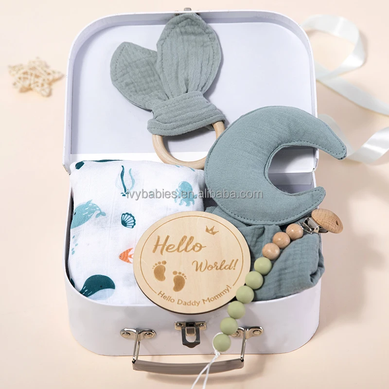 Baby Gift Set Organic Cotton Muslin Bunny Comforter Toy Wooden Milestone Card Matching Bib Newborn Shower Box Baby Essentials details