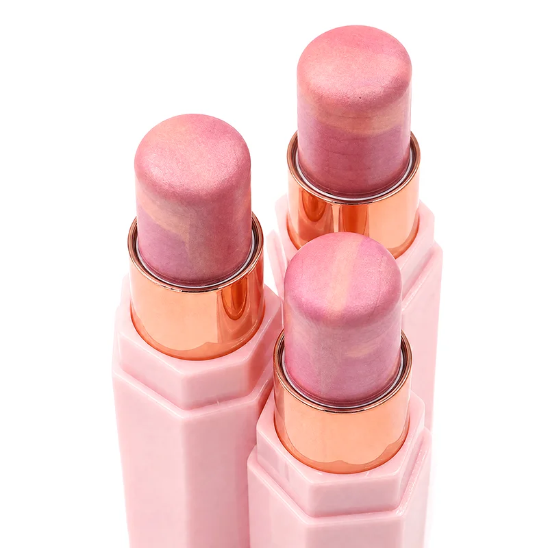Custom Logo Face Highlighter Stick with Pink Gradient Shimmer Finish for Private Label Beauty Brands OEM ODM