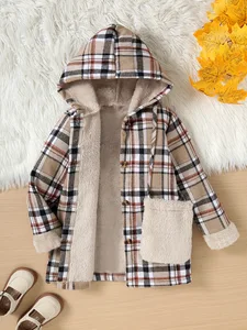 Customized Fleece Plaid Hooded Coat for Girls Soft Thick and Warm Winter Outwear Clothes for Kids