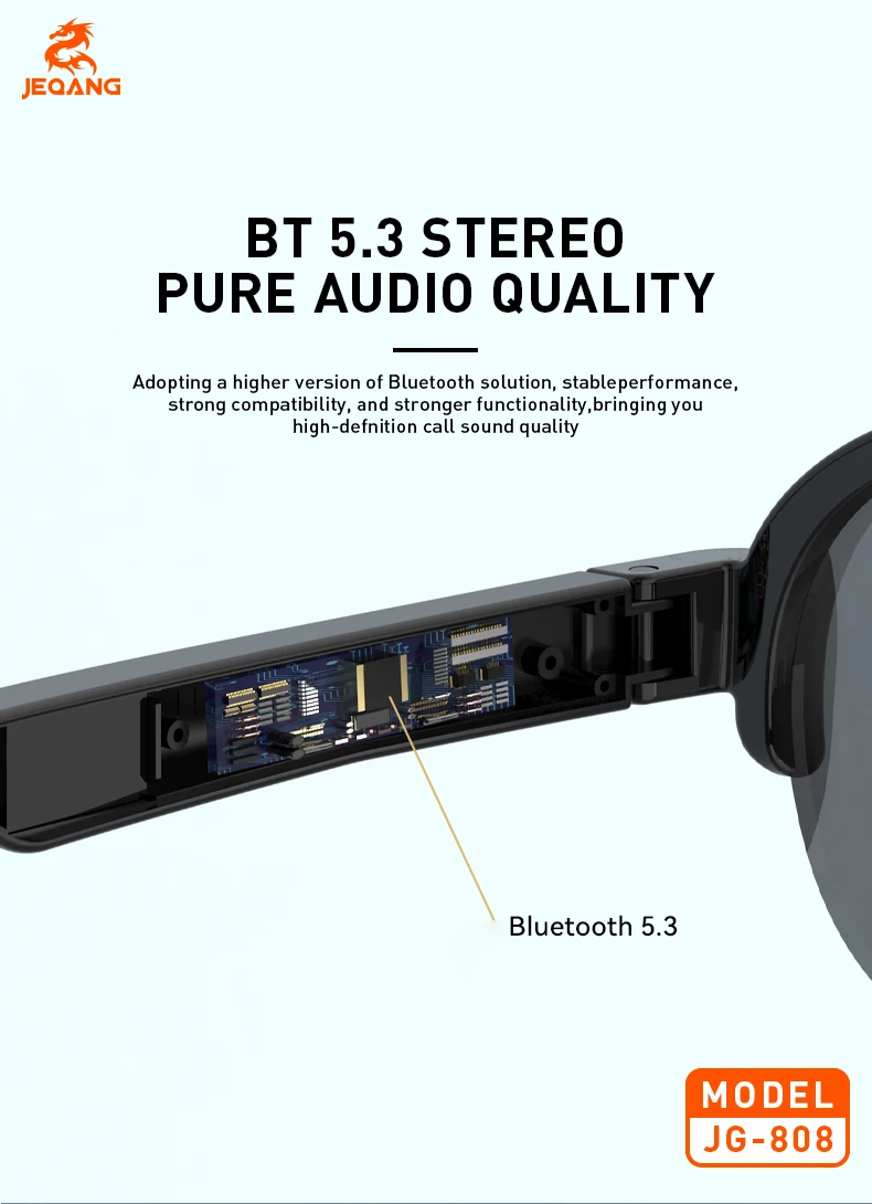 Jeqang-808 Smart Glasses New Release Intelligent Audio Harmful Light Blocking Clearer Field View IPX4 Waterproof Clearer Field