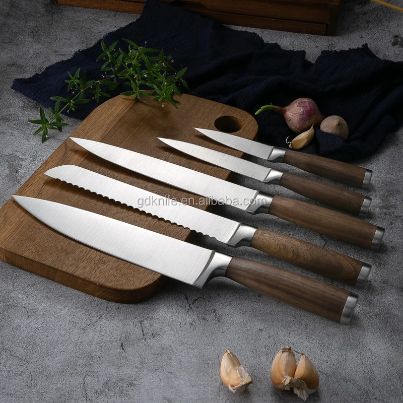 Hot Sale Professional 5 piece Kitchen Knife Set Stainless Steel wood handle chef steel kitchen knives with wooden block