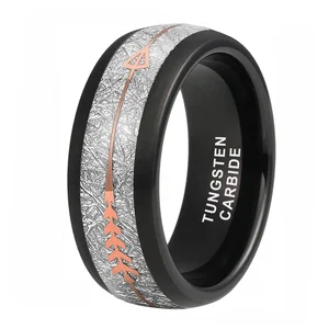 Coolstyle Jewelry 8mm Rose Gold Arrow Meteorite Inlay Black Tungsten Ring for Men Women Fashion Wedding Band Comfort Fit