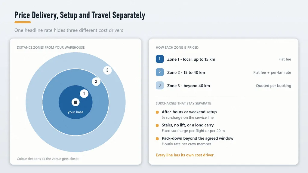 Delivery and setup pricing tiers by distance zone for equipment rental