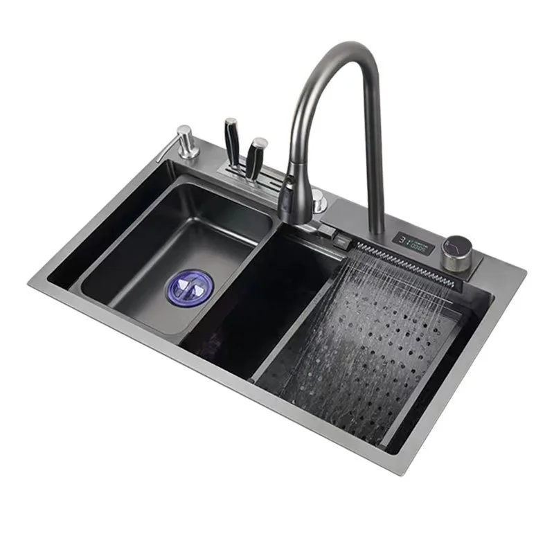 Modern Smart Digital Display Multifunction Gun Gray Square Counter Stainless Steel Kitchen Sink