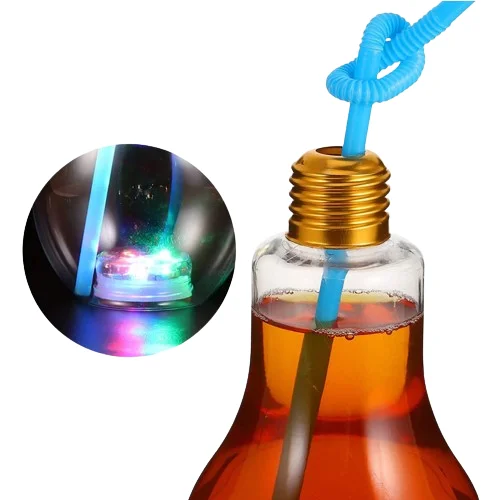 Promotion LED Light-Up Bulb-Shaped Drinking Glass Bottle Cup with Straw Plastic Party Supplies for Events Decoration