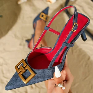 Factory Customized Fashionable Denim Blue Pointed High-heeled Sandals 7cm Slim Heel Women's Sandals