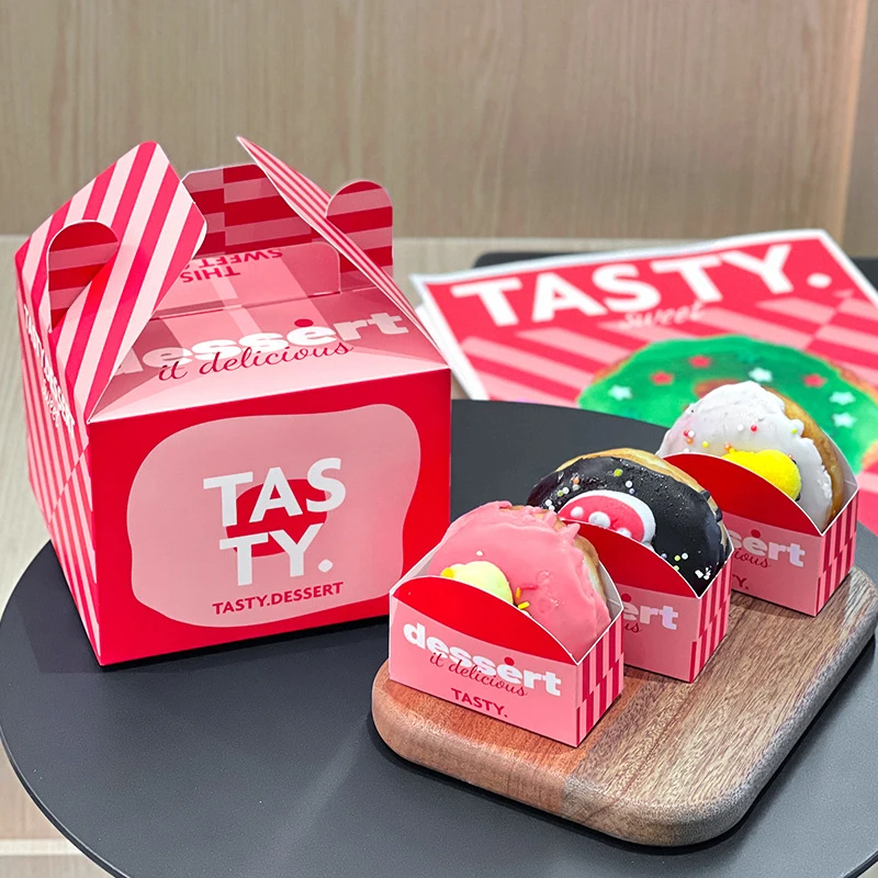 Custom Logo Food Grade Bakery Packaging Portable Pastry Donut Box with Handle