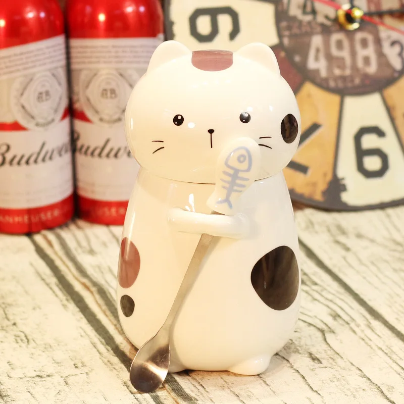 480ml Ceramic Cat-Shaped Mug with Spoon Lid American Style Porcelain Coffee Cup