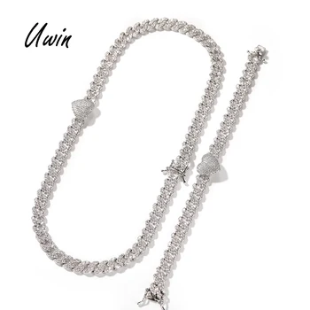 New Fashion 9mm Heart Cuban High Quality Iced Out Bling Cuban Link Chain Jewelry Set Necklace Bracelet For Women Man