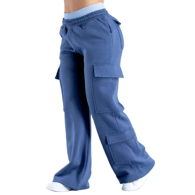 Autumn Winter Straight-Leg Casual Pants Trendy Cargo Pocket Mid Waist Loose Floor-Length