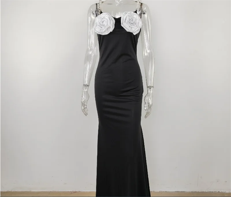 Ladies Pearl Halter Backless Long Evening Dresses Fashion Flower Decoration Elegant Dress for Women
